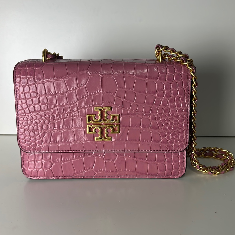 Pink Croc leather chain strap bag